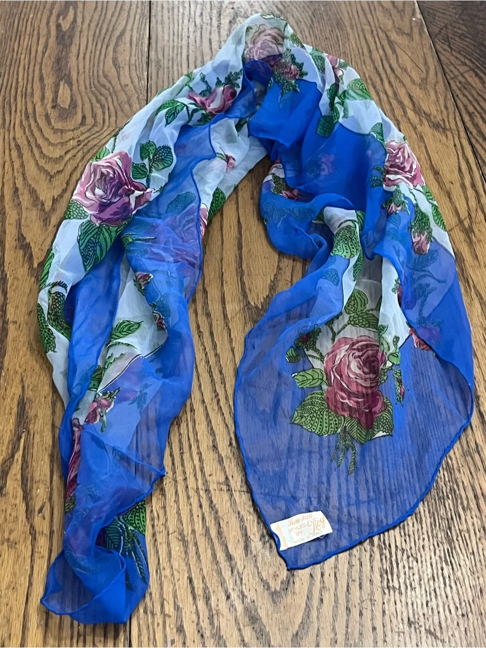 Rogo silk  Floral Rose Print Scarf with Royal Blue Border